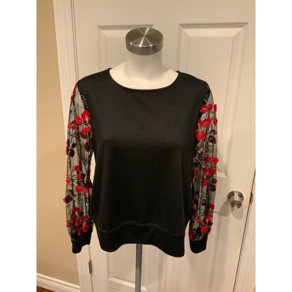 Eva Franco Black Top w/ Sheer Floral Embroidered Sleeves, Sz SP